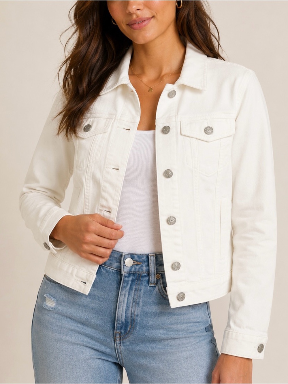 LOFT White Denim Jacket Women’s Size Small Classic Button Front Trucker Jacket